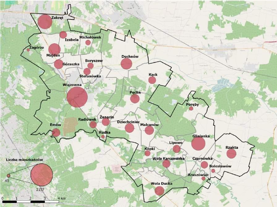Ryc. 5.2. Przestrzenne rozmieszczenie mieszkańców gminy wg miejscowości w 2015 r.
