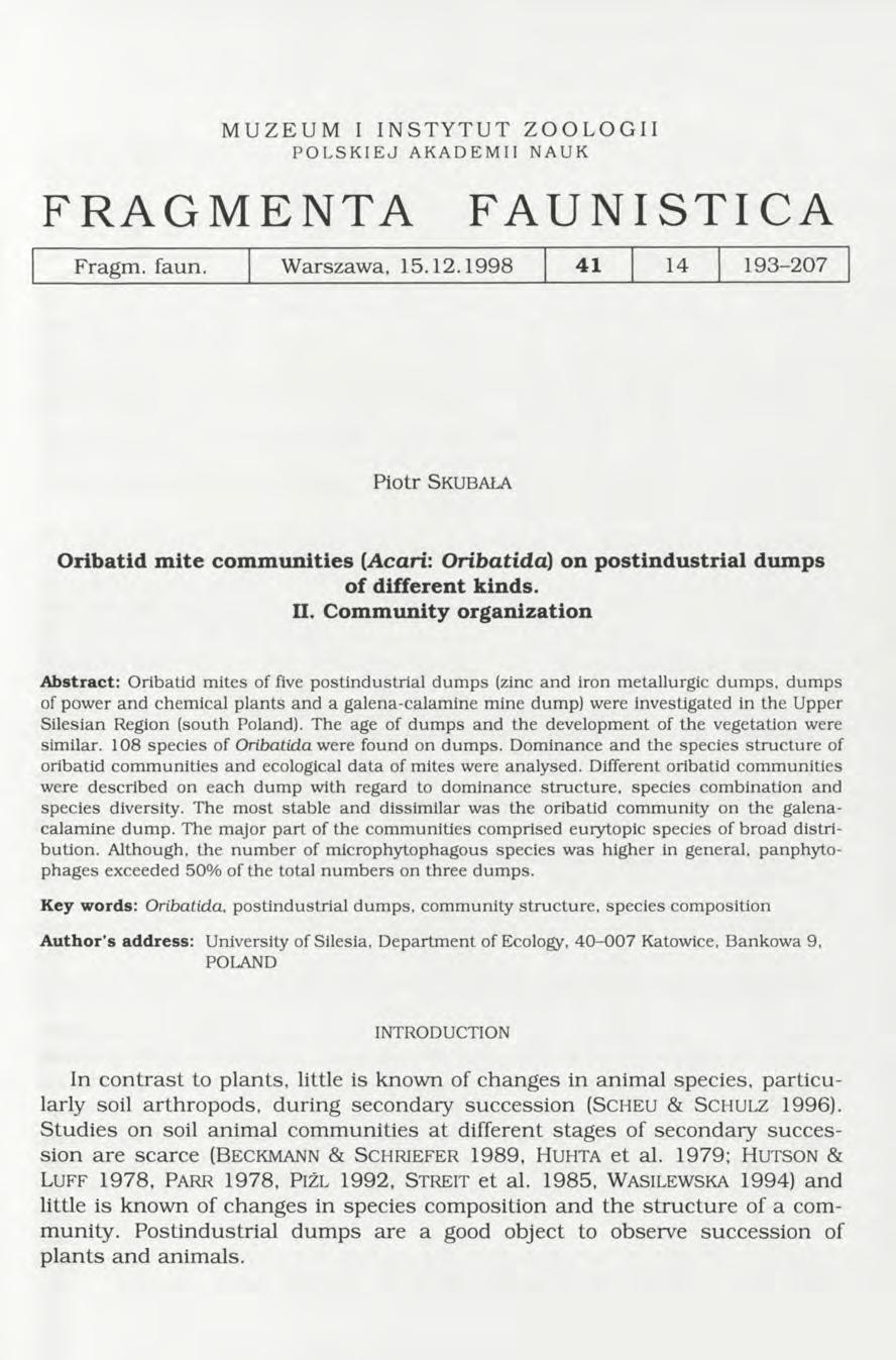 MUZEUM I INSTYTUT ZOOLOGII POLSKIEJ AKADEMII NAUK FRAGMENTA FAUNISTICA F r a g m. f a u n. W a r s z a w a, 1 5.1 2.