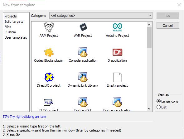 Strona nowego projektu Code::Blocks Zaznaczamy odpowiedni typ aplikacji - w naszym przypadku Console