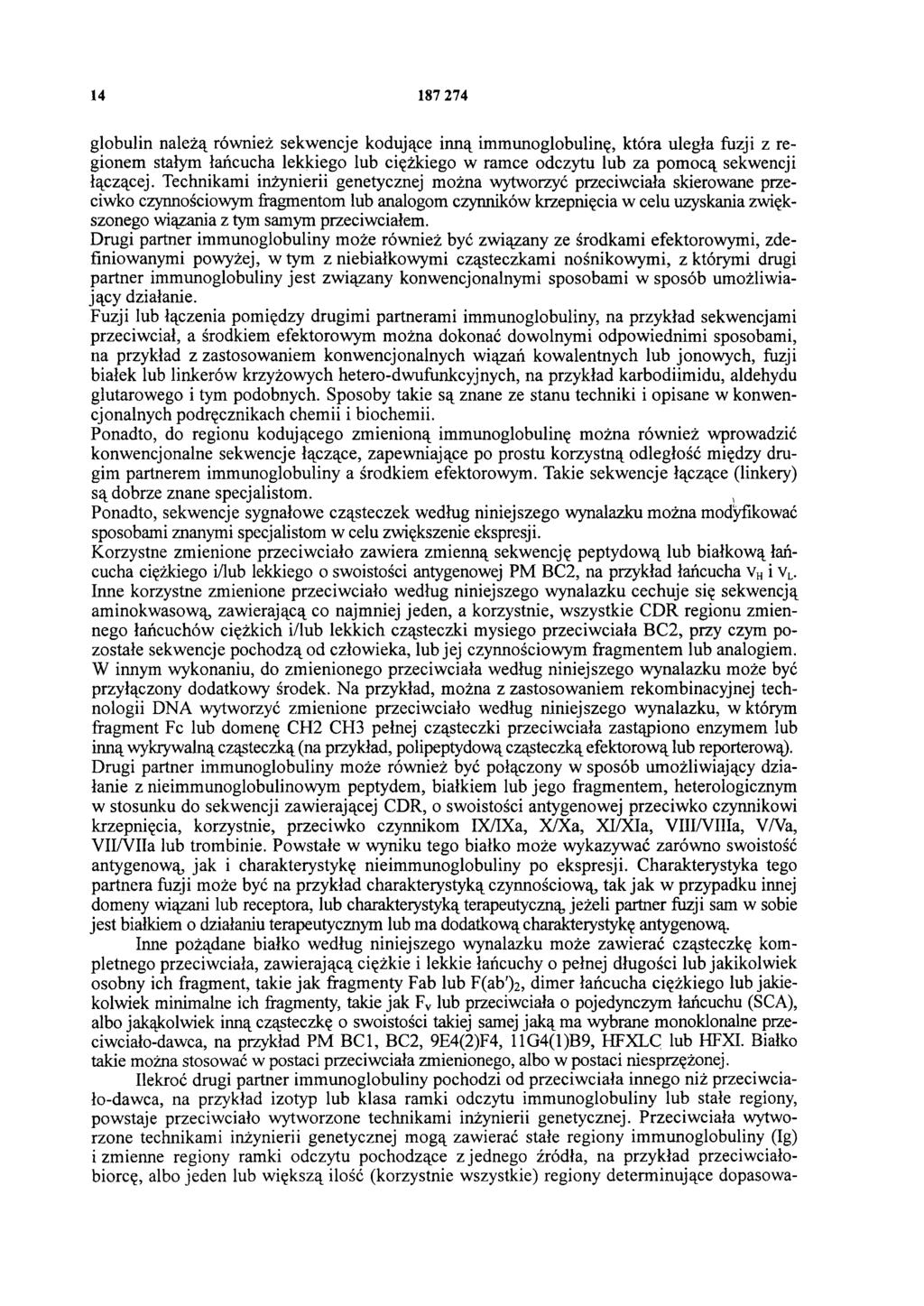 14 187 274 globulin należą również sekwencje kodujące inną immunoglobulinę, która uległa fuzji z regionem stałym łańcucha lekkiego lub ciężkiego w ramce odczytu lub za pomocą sekwencji łączącej.