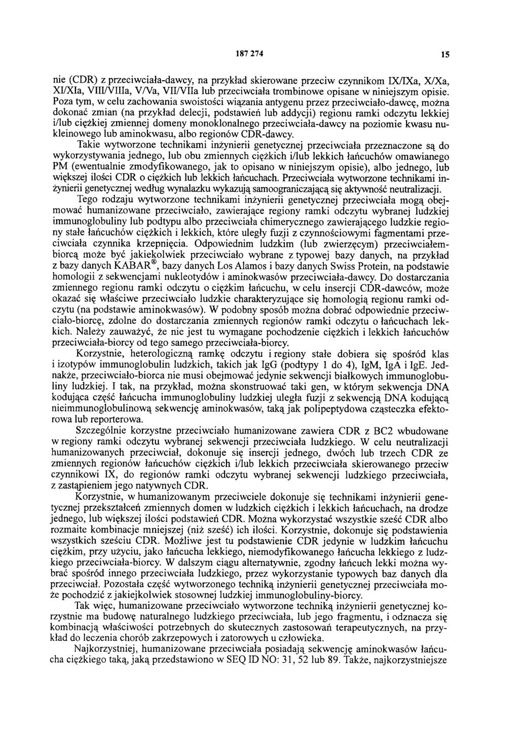 187 274 15 nie (CDR) z przeeiwciała-dawcy, na przykład skierowane przeciw czynnikom IX/IXa, X/Xa, XI/XIa, VIII/VIIIa, V/Va, VII/VIIa lub przeciwciała trombinowe opisane w niniejszym opisie.
