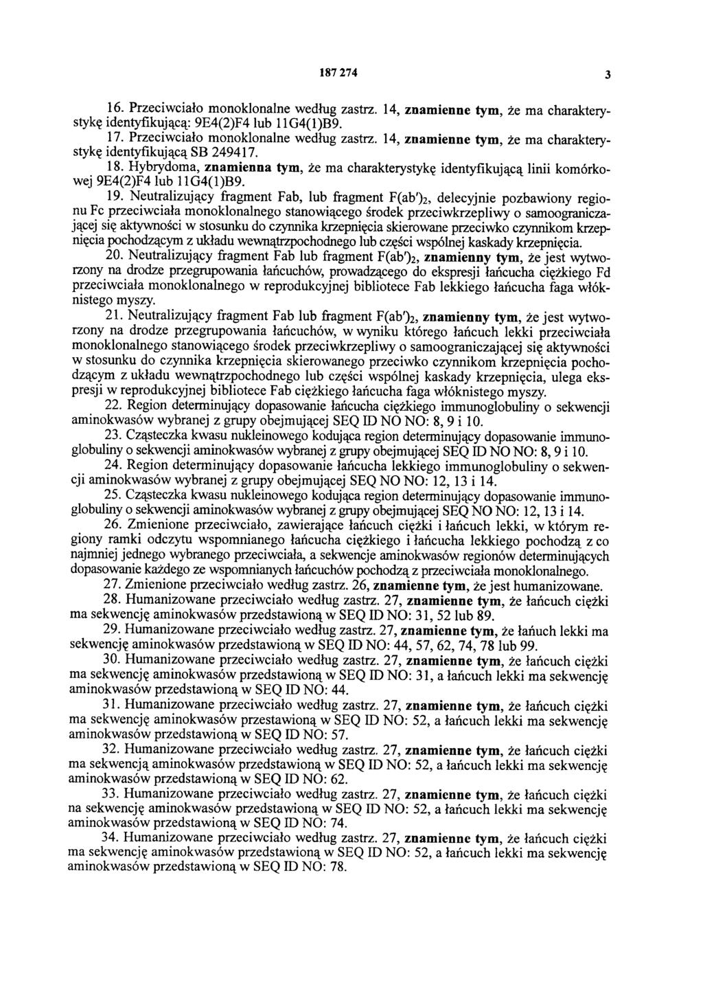 187 274 3 16. Przeciwciało monoklonalne według zastrz. 14, znamienne tym, że ma charakterystykę identyfikującą: 9E4(2)F4 lub 11G4(1)B9. 17. Przeciwciało monoklonalne według zastrz. 14, znamienne tym, że ma charakterystykę identyfikującą SB 249417.