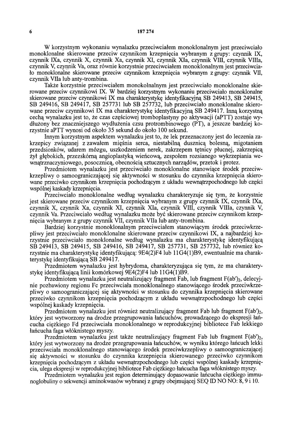 6 187 274 W korzystnym wykonaniu wynalazku przeciwciałem monoklonalnym jest przeciwciało monoklonalne skierowane przeciw czynnikom krzepnięcia wybranym z grupy: czynnik IX, czynnik IXa, czynnik X,