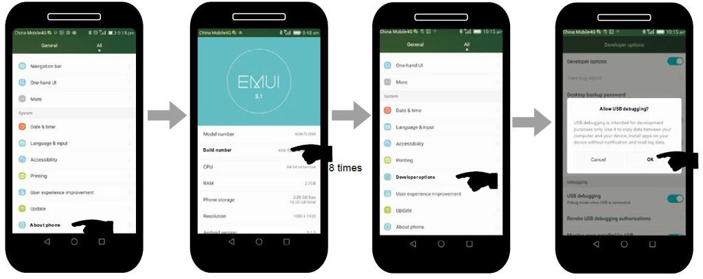 Uwaga: Jeśli połączenie nie powiodło się, to należy sprawdzić połączenie kabla USB lub uruchomić ponownie telefon ANDROID i sprawdzić poprawność procedury.