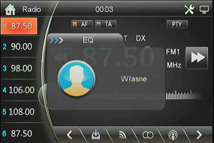 dotknij >>> otworzy się menu EQ Eqalizer, (rys 4), kolejno naciskając na ikonę w kole zmieniasz nastawy EQ: Standard Klasyka Rock Pop -Jazz -Electric Własne.