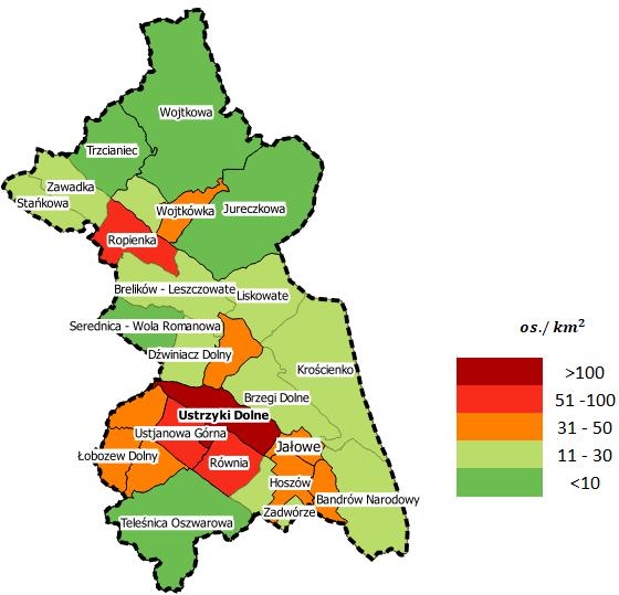 Mapa 3.Gęstość zaludnienia na terenie Gminy Ustrzyki Dolne na rok 2014 Źródło: opracowanie własne na podstawie danych BDL GUS Według danych BDL GUS w 2014 r.