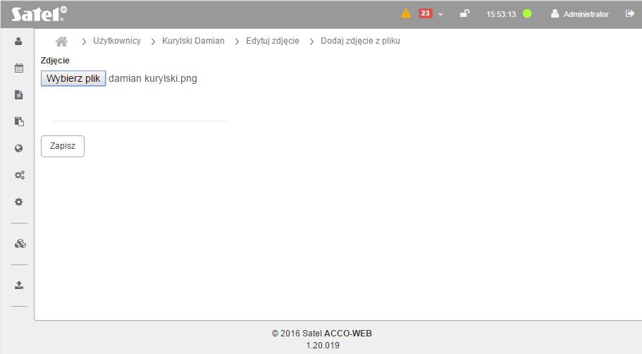 SATEL ACCO-WEB 17 Dodanie zdjęcia z pliku Dodaj zdjęcie z pliku kliknij, żeby otworzyć stronę Dodaj zdjęcie z pliku, na której będziesz mógł przypisać zdjęcie z pliku dostępnego na komputerze.