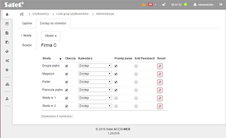 SATEL ACCO-WEB 31 Zakładka Dostęp do obiektów Zakładka Strefy Rys. 25. Strefy w zakładce Dostęp do obiektów dla przykładowej grupy użytkowników.