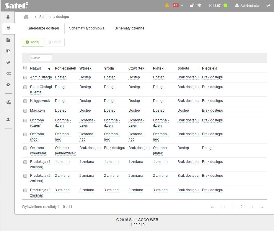 SATEL ACCO-WEB 39 Jeżeli chcesz zaznaczyć wszystkie schematy, kliknij na pole obok nagłówka Nazwa. Dni tygodnia nazwa dziennego schematu dostępu przypisanego do konkretnego dnia. Rys. 33.