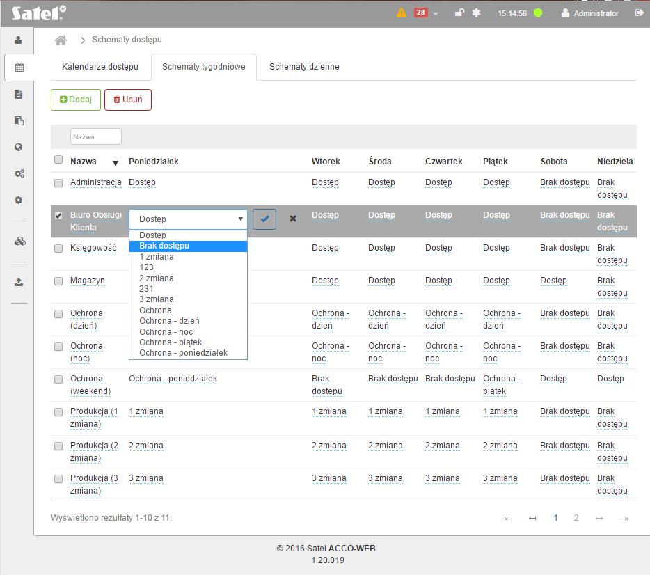 SATEL ACCO-WEB 41 Rys. 35. Edycja przykładowego tygodniowego schematu dostępu. 3.4.2.5 Filtrowanie tygodniowych schematów dostępu Pole nad kolumną Nazwa umożliwia filtrowanie listy.