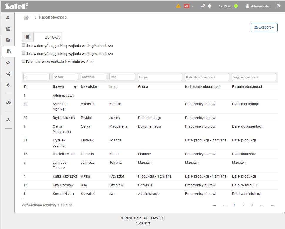 54 ACCO-WEB SATEL Przyciski Eksport kliknij, żeby wygenerować raport obecności. Gdy otworzy się menu rozwijane, wybierz format, w jakim zostaną wyeksportowane dane użytkowników.