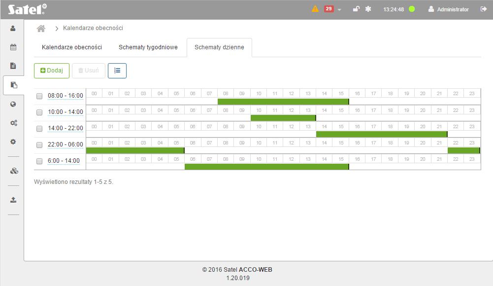 64 ACCO-WEB SATEL Forma graficzna Rys. 56. Przykładowa lista dziennych schematów obecności w formie graficznej. [schematy] lista dziennych schematów obecności wyświetla się po lewej stronie.