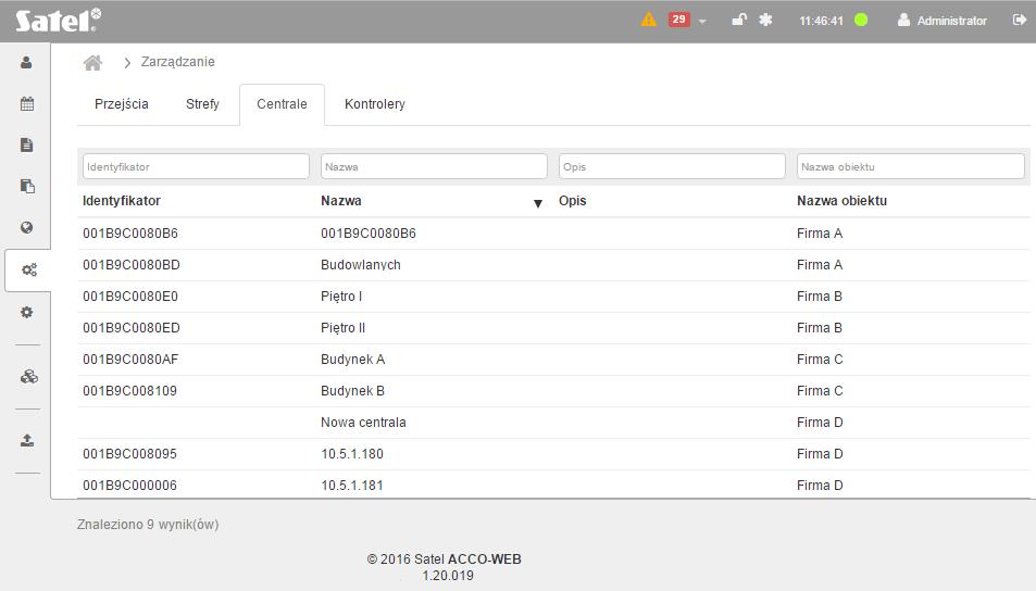 78 ACCO-WEB SATEL Rys. 72. Zakładka Centrale na stronie Zarządzanie. 3.8.3.1 Filtrowanie central Pola nad nazwami kolumn umożliwiają filtrowanie listy.