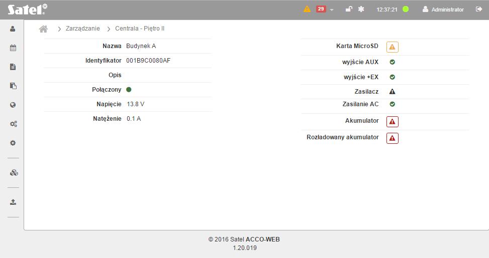 SATEL ACCO-WEB 79 Rys. 73. Przykładowy status centrali w zakładce Centrale na stronie Zarządzanie. 3.