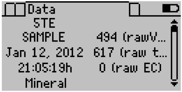 Po prawej stronie ekranu widoczne są zapisane wartości a po lewej komentarz oraz data i czas wykonania pomiaru.