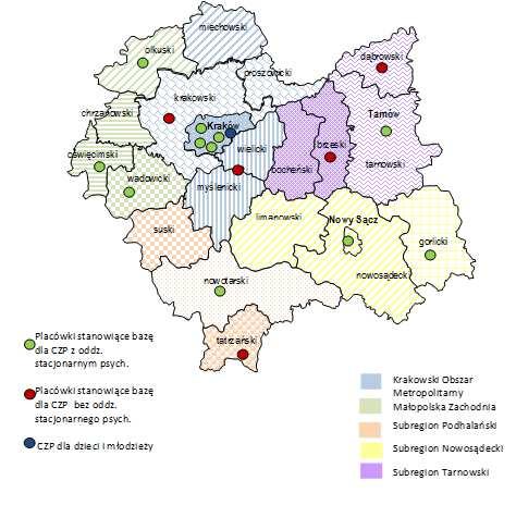 Mapa nr 3. Rozmieszczenie Centrów Zdrowia Psychicznego oraz zasięg ich działania. Źródło: Opracowanie własne Departamentu Zdrowia i Polityki Społecznej UMWM.