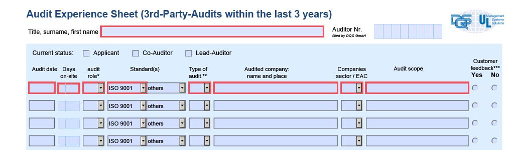 Doświadczenie dot. doświadczenia auditorskiego. Proszę podać wszystkie audity które były wykonane przez kandydata na auditora DQS.