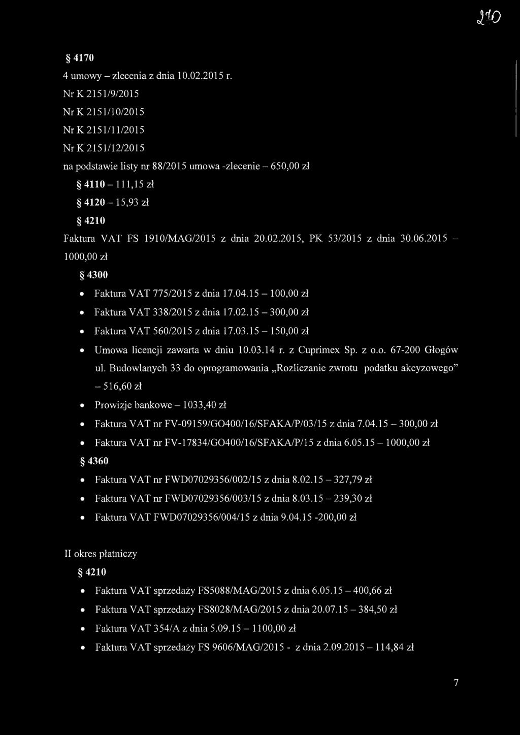 dnia 20.02.2015, PK 53/2015 z dnia 30.06.2015-1000,00 zł 4300 Faktura VAT 775/2015 z dnia 17.04.15-100,00 zł Faktura VAT 338/2015 z dnia 17.02.15-300,00 zł Faktura VAT 560/2015 z dnia 17.03.