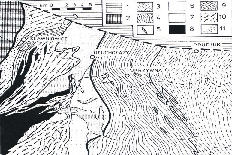 Geologia Gór Opawskich Serie: granitoidy Žulowej (C3) seria Desny (proterozoik) marmury, gnejsy, łupki biotytowe, amfibolity seria Vrbna (D1 - D2) fyllity, łupki grafitowe, wapienie krystaliczne,