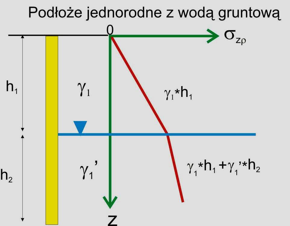 JeŜeli grunt znajduje się poniŝej zwierciadła wody gruntowej, to pory jego są wypełnione wodą, lecz cięŝar objętościowy jest znacznie mniejszy niŝ γ sr, gdyŝ woda