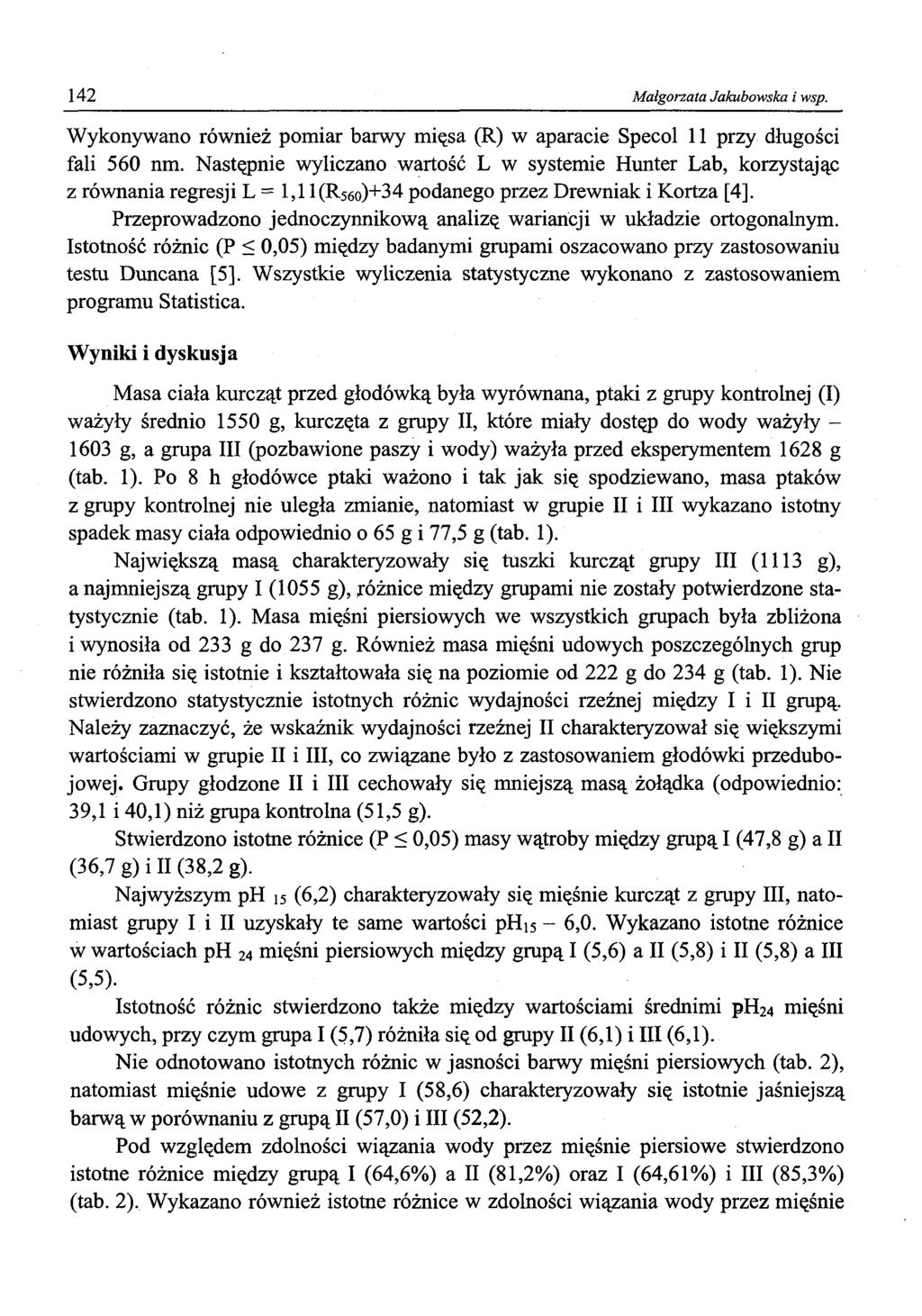 142 Małgorzata Jakubowska i wsp. Wykonywano również pomiar barwy mięsa (R) w aparacie Specol 11 przy długości fali 560 nm.