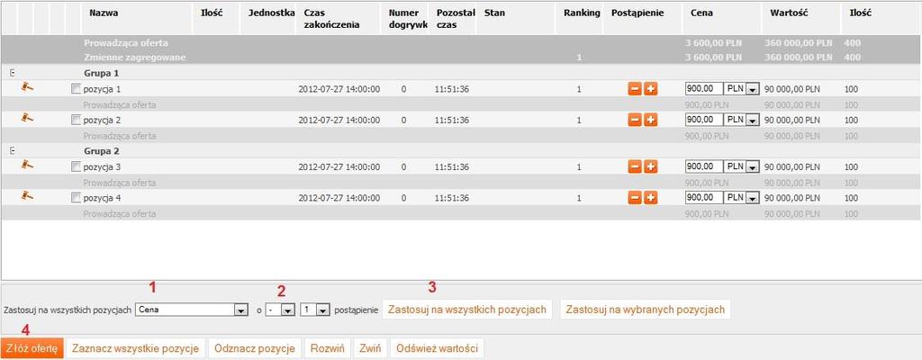 Rysunek 71 Jednoczesne składanie ofert na wszystkich/wybranych pozycjach aukcji 10.
