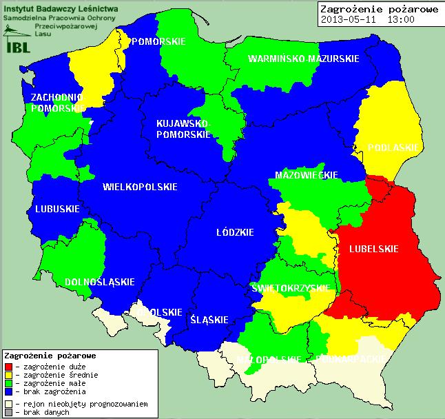 Zagrożenie pożarowe Ostrzeżenia meteo Zjawisko/Stopień zagrożenia: Burze/1 Obszar: województwo mazowieckie subregion centralny, wschodni i południowy Ważność: od godz. 20:30 dnia 11.05.2013 do godz.