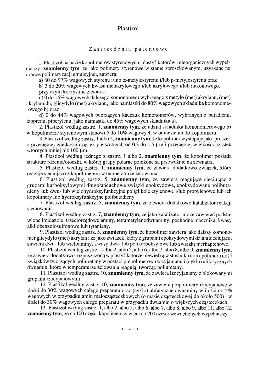 Plastizol Zastrzeżenia patentowe 1.