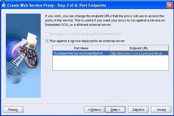 7. W 3 i 4 kroku asystenta kliknij przycisk Dalej >. 8. W kroku piątym zmień nazwę pakietu dla generowanych obiektów proxy na webservices. Kliknij przycisk Zakończ. 9.