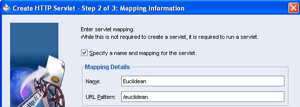 W kolejnym kroku wpisz nazwę serwletu Euclidean, nazwę pakietu webservices, upewnij się że zostanie