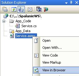 c) Zapisz wszystkie zmiany (np. File Save All). d) Uruchom Web Service wybierając z menu kontekstowego dla pliku.asmx w panelu Solution Explorer opcję View in Browser.