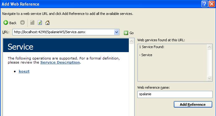 . d) Zmień nazwę referencji (Web reference name) na spalanie i kliknij przycisk Add Reference.
