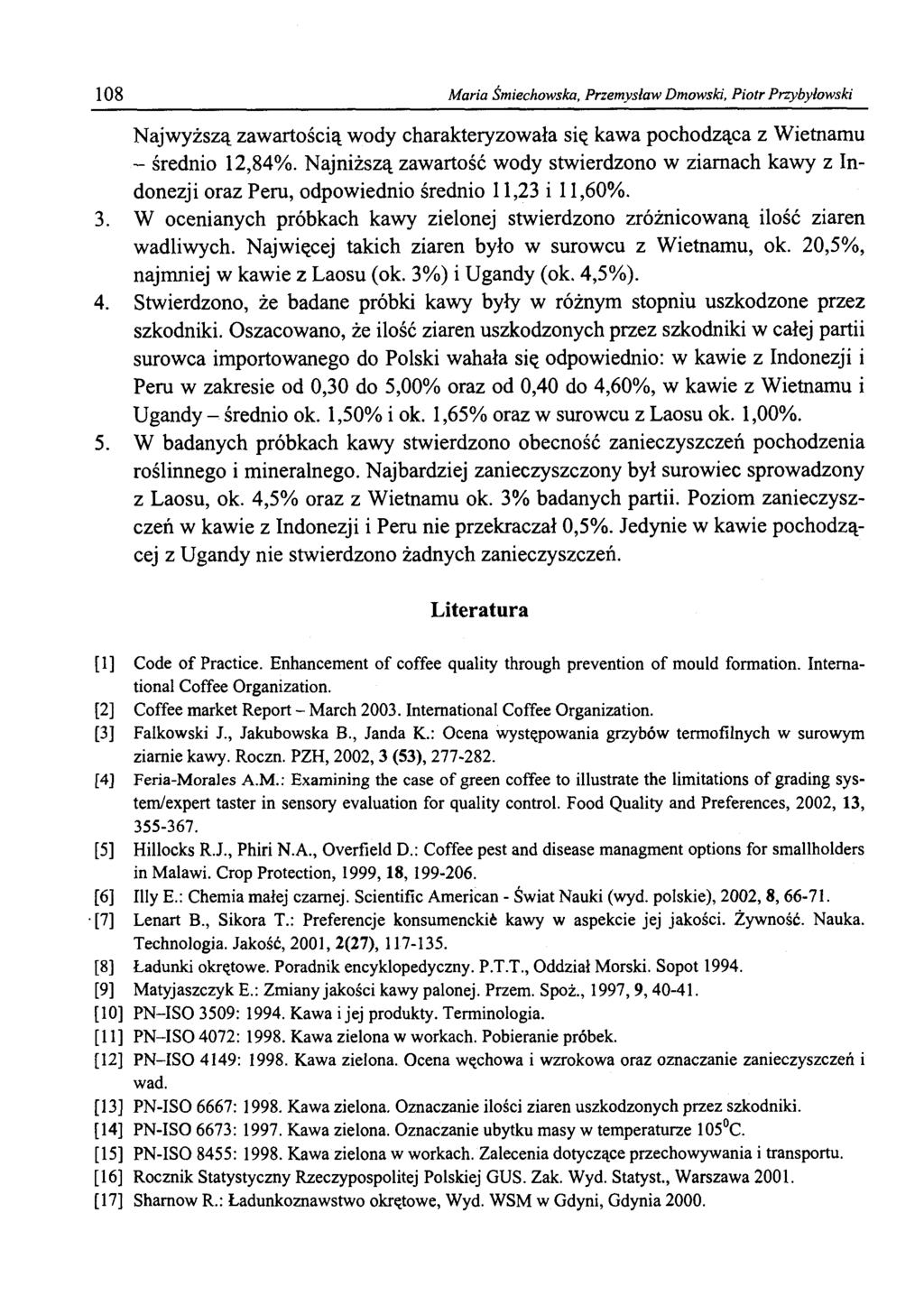 108 Maria Śmiechowska, Przemysław Dmowski, Piotr Przybyłowski Najwyższą zawartością wody charakteryzowała się kawa pochodząca z Wietnamu - średnio 12,84%.