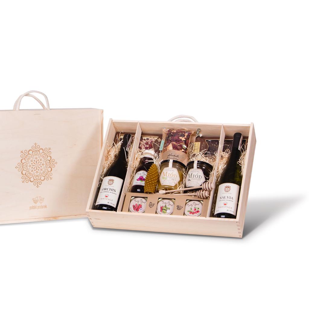 Polski Podarek X dwa rocznikowe wina gronowe* 2 x 750ml trzy staropolskie dodatki do mięs i serów 3 x 230g dwa miody z Magurskiego Parku Narodowego 2 x 400g aromatyczna herbata różana z ziołami 80g