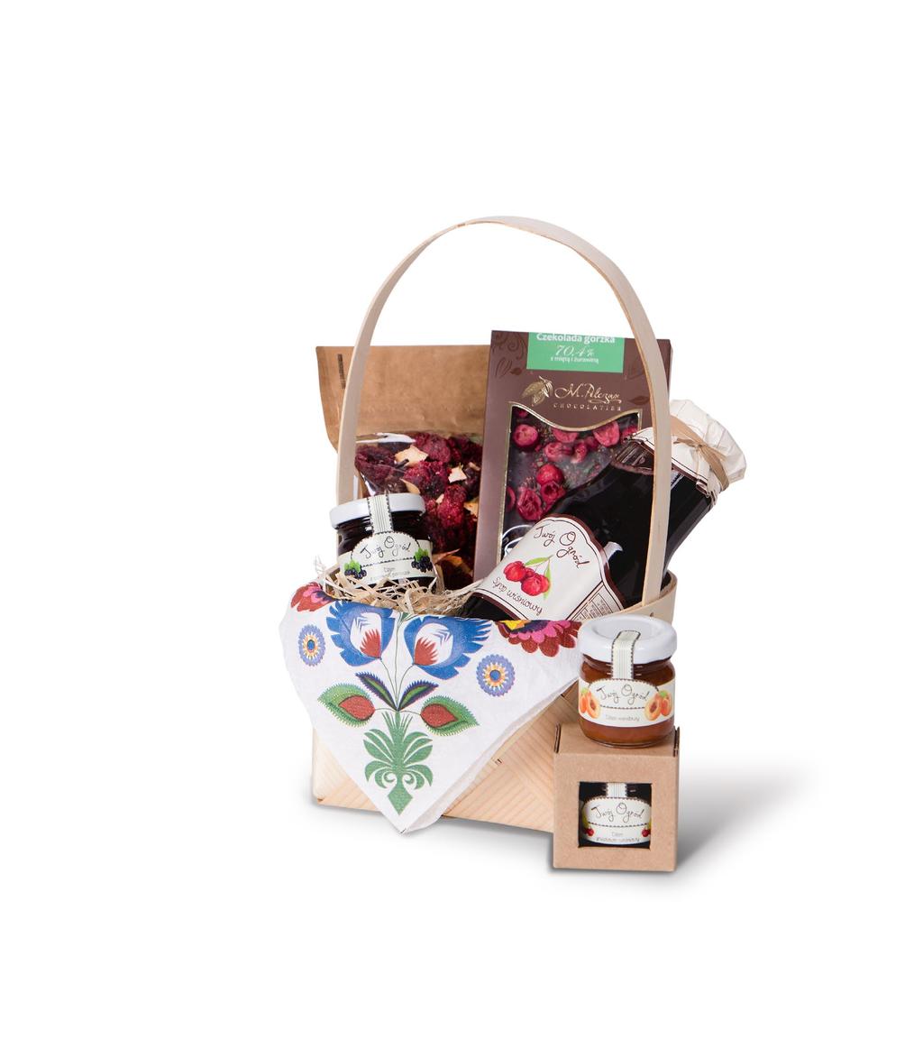 Polski Podarek XI luksusowa, ręcznie robiona czekolada 85g naturalny syrop owocowy 385g trzy staropolskie dżemy 3 x 40g aromatyczna herbata z owoców, ziół i kwiatów 80g