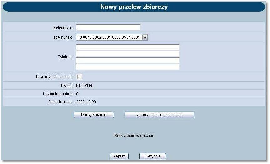 Rozdział 12 Przelewy zbiorcze 12.1. Nowy przelew zbiorczy W celu zdefiniowania nowej paczki przelewów zbiorczych należy wybrać opcję Nowy przelew zbiorczy.