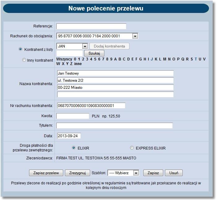 Rozdział 13 Kontrahenci Przy włączonej usłudze AUTORYZACJA_KONTRAHENTOW_I_SZABLONOW zapisanie przelewu z poziomu kartoteki kontrahentów przy użyciu przycisku [Przelew] skutkuje otworzeniem formatki