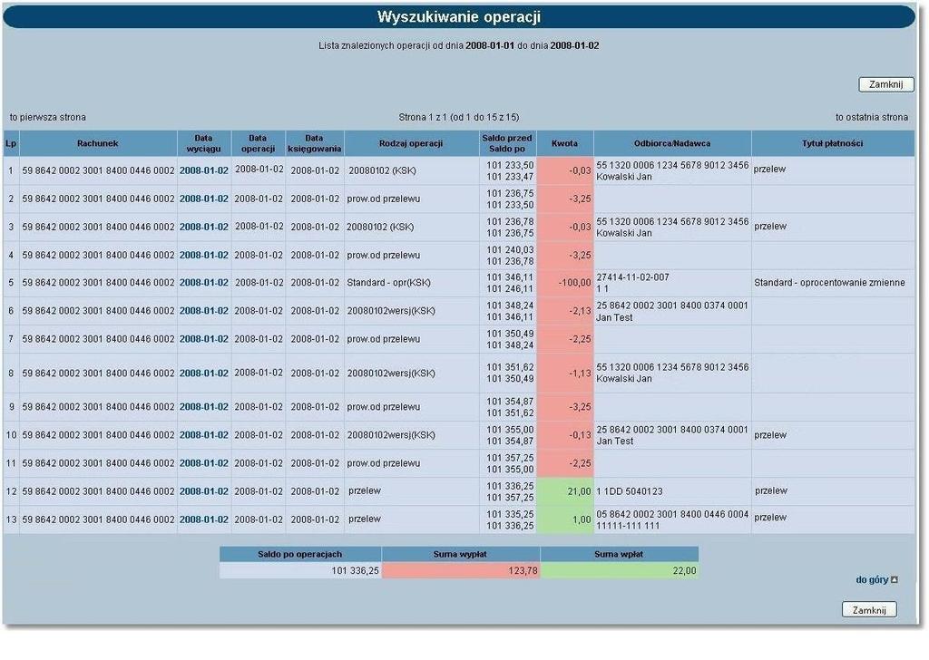 Rozdział 6 Rachunki Na poniższej formatce prezentowane są następujące dane: Rachunek - numer rachunku w formacie NRB, Data wyciągu - data wyciągu będąca odnośnikiem do wyciągu zawierającego wyszukaną