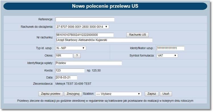 Rozdział 9 Przelewy W przypadku, gdy płatność do US jest z tytułu VAT to system dostępne środki możliwe do realizacji wyznacza jako sumę dostępnych środków na rachunku obciążanym i dostępnych środków