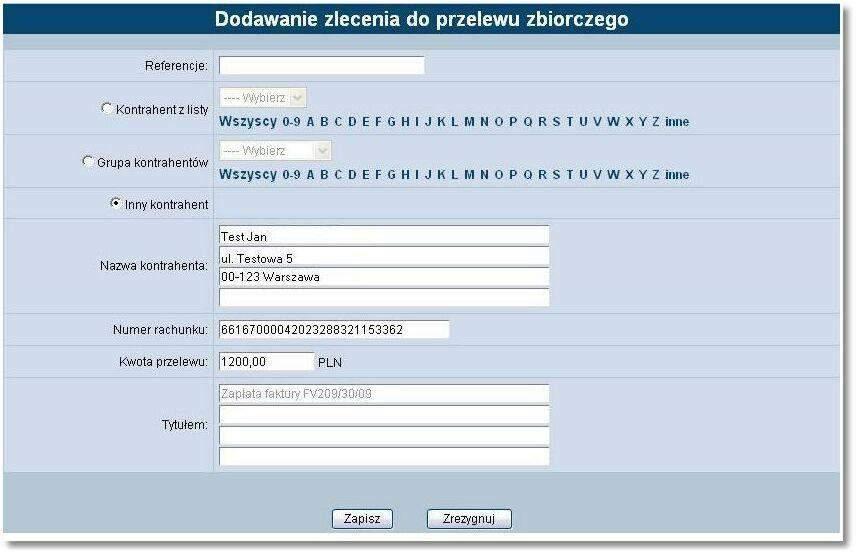 Rozdział 12 Przelewy zbiorcze Inny kontrahent - opcja wyboru innego kontrahenta, Nazwa kontrahenta - dane kontrahenta, Nr rachunku kontrahenta - pełny numer rachunku kontrahenta w formacie NRB (w