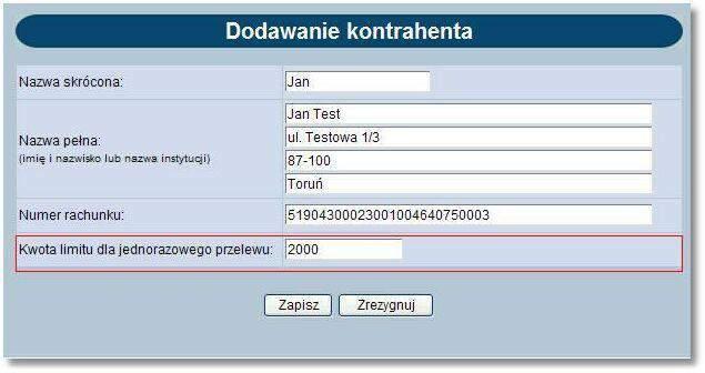 Rozdział 13 Kontrahenci Użytkownik ma do dyspozycji dwa przyciski funkcyjne: [Zapisz] - dopisanie danych odbiorcy do listy, [Zrezygnuj] - rezygnacja z dopisania odbiorcy.