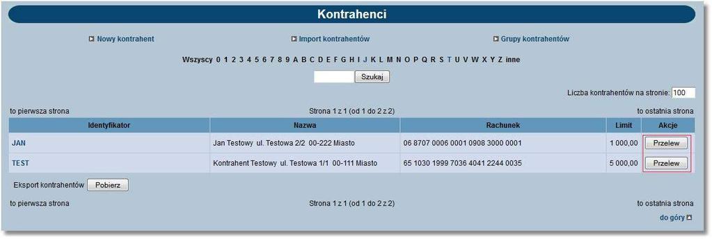 T, dla każdego z kontrahentów na liście dostępna jest akcja [Przelew] umożliwiająca zainicjowanie nowego polecenia przelewu