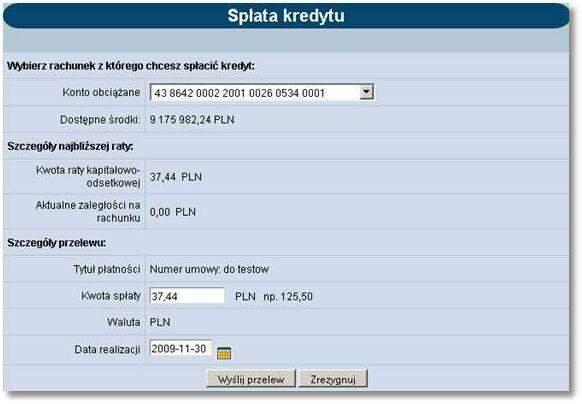 Rozdział 8 Kredyty Pola dostępne na formatce spłaty kredytu: Konto obciążane - wybór z listy rachunków bieżących prowadzonych w walucie PLN, dostępnych dla klienta do obciążania w systemie.