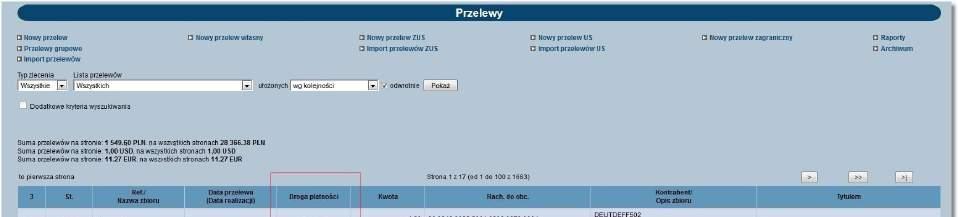 PRZELEWY_ZAGRANICZNE na liście przelewów prezentowana jest dodatkowo kolumna Droga płatności.