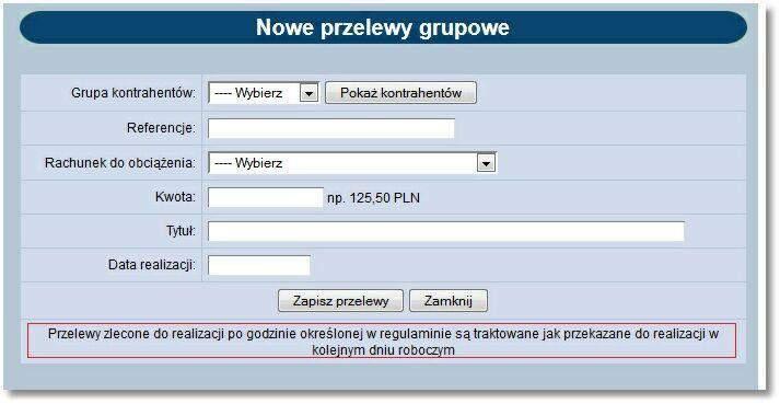 Rozdział 9 Przelewy Komunikat prezentowany jest dla następujących akcji: 1. Przelewy -> Nowy przelew 2. Przelewy -> Nowy przelewu US 3. Przelewy -> Nowy przelewy ZUS 4.