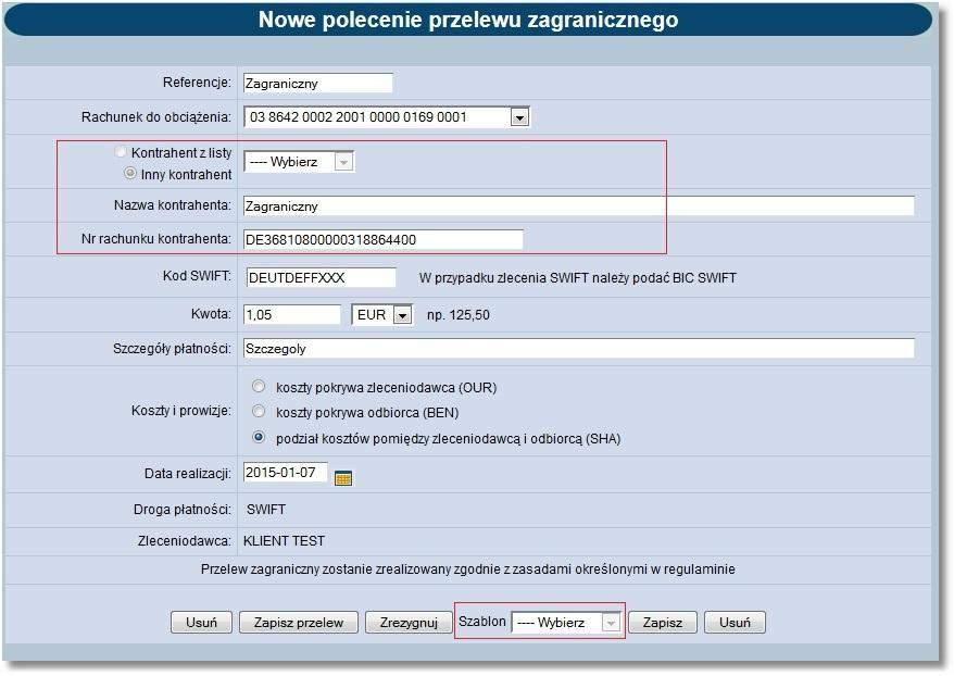 Rozdział 9 Przelewy Uwaga: Jeżeli w systemie uruchomiona jest usługa AUTORYZACJA_KONTRAHENTOW_I_SZABLONOW oraz podczas dodawania przelewu został wybrany kontrahent z listy to pola obsługi kontrahenta