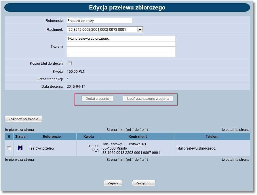 Rozdział 9 Przelewy 5) Na formatce edycji pozycji przelewu zbiorczego: brak jest możliwości edycji NRB adresata brak jest możliwości zmiany wyboru opcji Kontrahent z listy/grupa