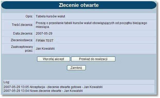 Rozdział 11 Zlecenia otwarte Dla każdego zlecenia wyświetlone są następujące informacje: Status - status zlecenia, czyli informacja o etapie realizacji (lista dostępnych statusów zostanie wyświetlona