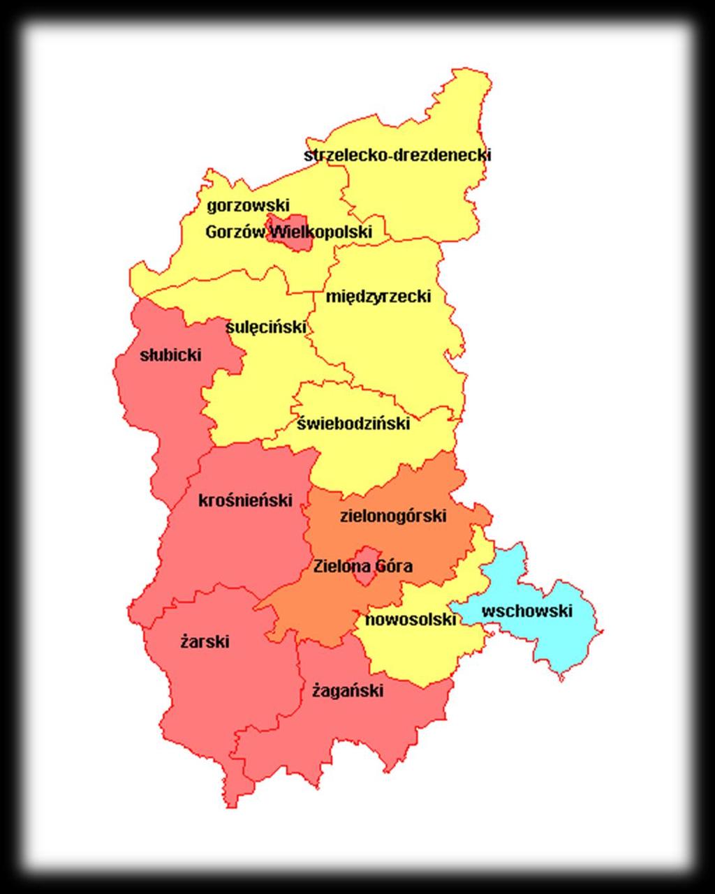 Mapa województwo lubuskie wyniki w powiatach (zdawalność %) sesja