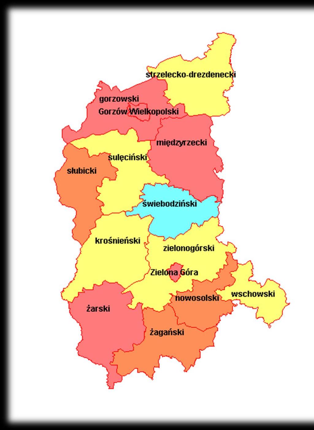 Mapa województwo lubuskie - wyniki w powiatach (zdawalność %) sesja